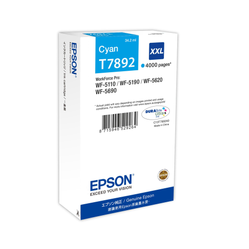 Epson T7892 - 34.2 ml - misura XXL - ciano - originale - cartuccia d'inchiostro - per WorkForce Pro WF-5110DW, WF-5190DW, WF-5190DW BAM, WF-5620DWF, WF-5690DWF, WF-5690DWF BAM